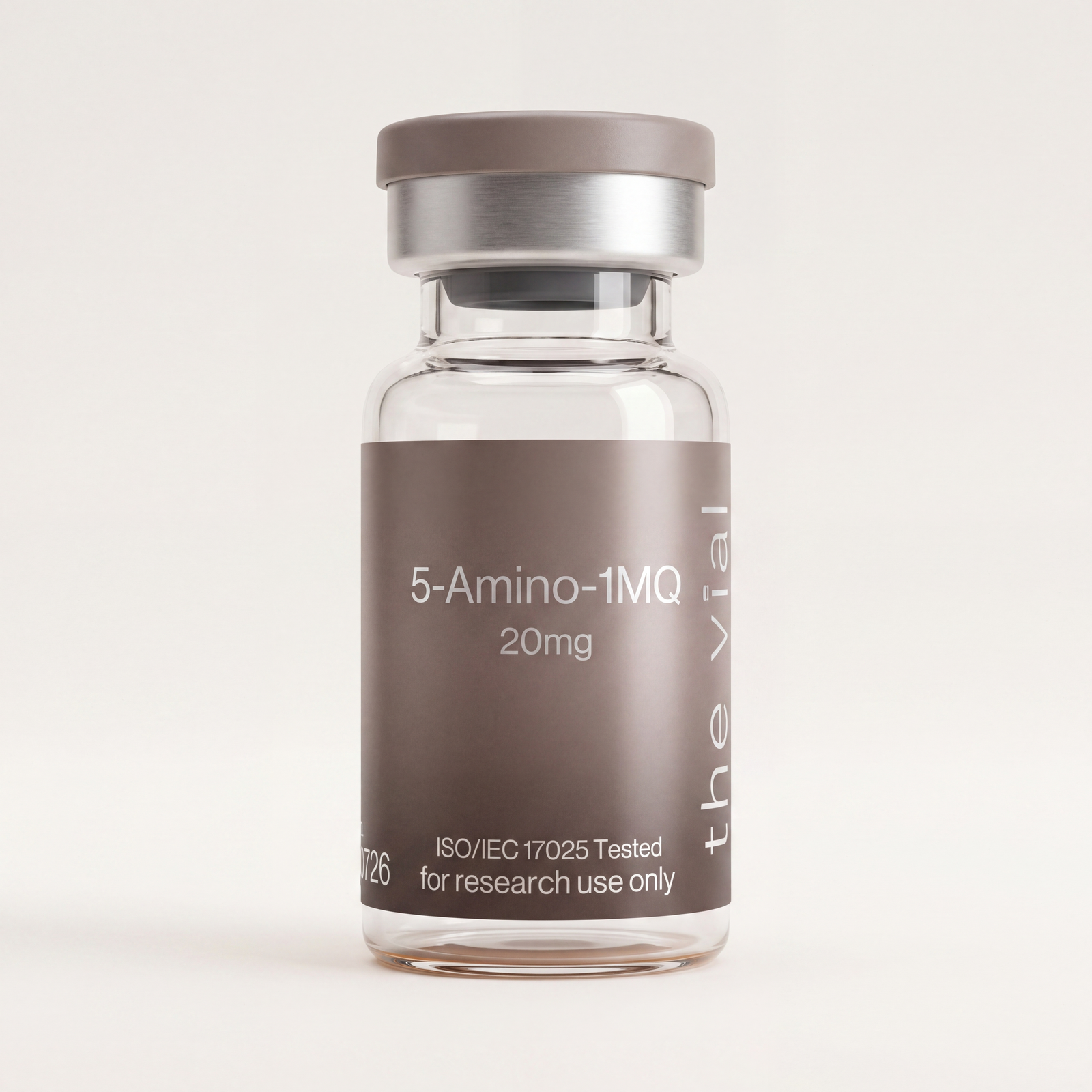 5-Amino-1MQ 20 mg research-grade peptide vial — third-party tested, batch-tested with an ISO/IEC 17025 COA, verified purity