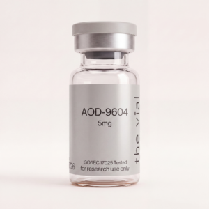 AOD-9604 5 mg research-grade peptide vial — third-party tested, batch-tested with an ISO/IEC 17025 COA, verified purity