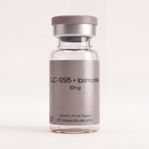 CJC-1295 + Ipamorelin 10 mg research-grade peptide vial — third-party tested, batch-tested with an ISO/IEC 17025 COA, verified purity
