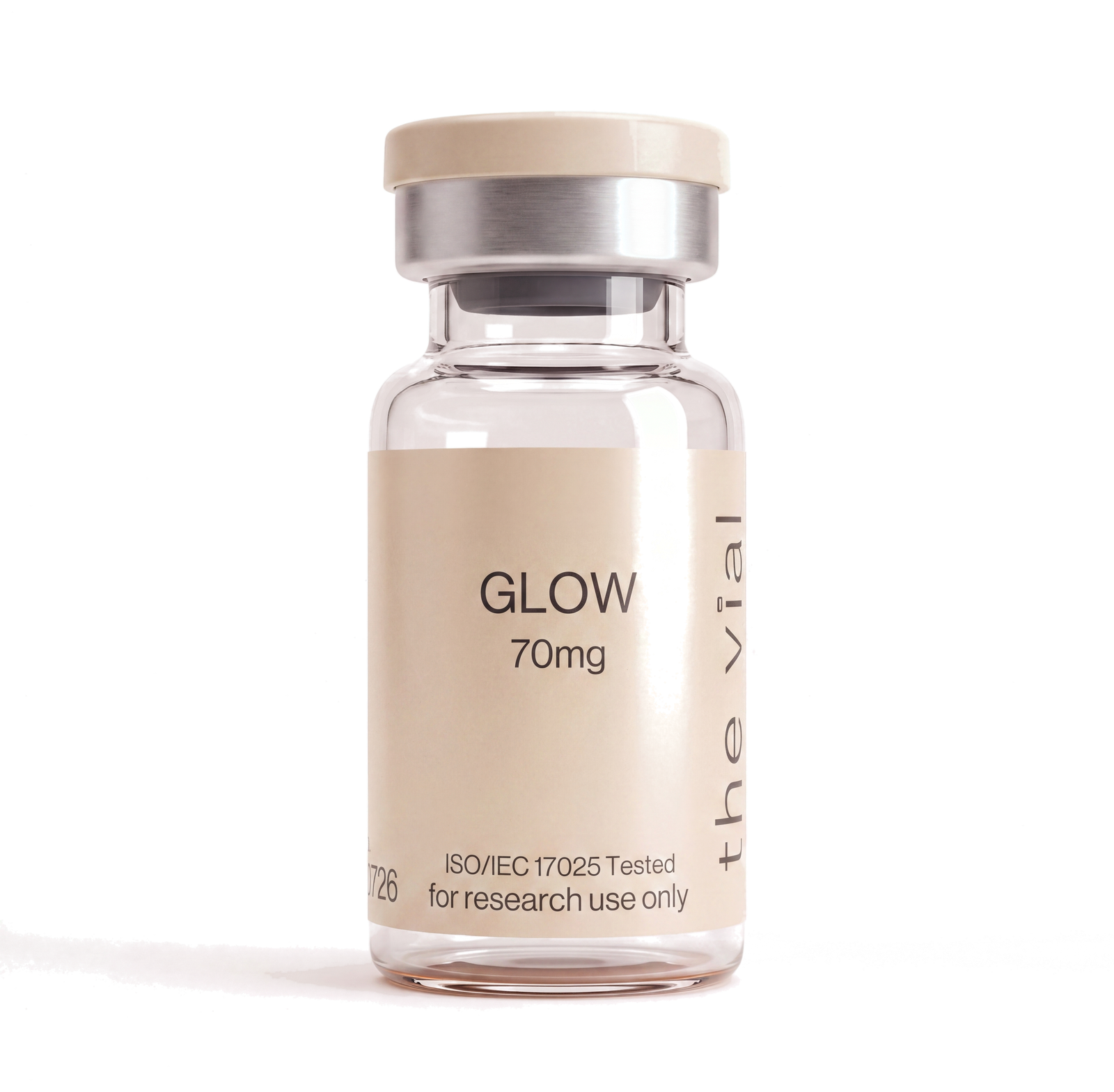 The Vial GLOW 70mg research peptide vial — third-party tested, batch-tested, research-grade purity with COA