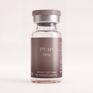 PT-141 10 mg research-grade peptide vial — third-party tested, batch-tested with an ISO/IEC 17025 COA, verified purity
