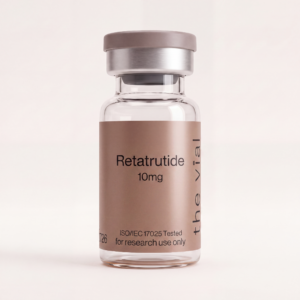 Retatrutide 10 mg research-grade peptide vial — third-party tested, batch-tested with an ISO/IEC 17025 COA, verified purity